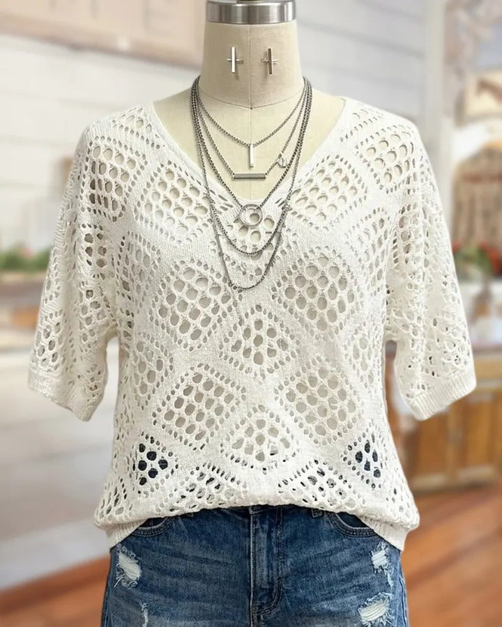 V Neck Crocheted Half Sleeve Cutout Loose Casual Blouse