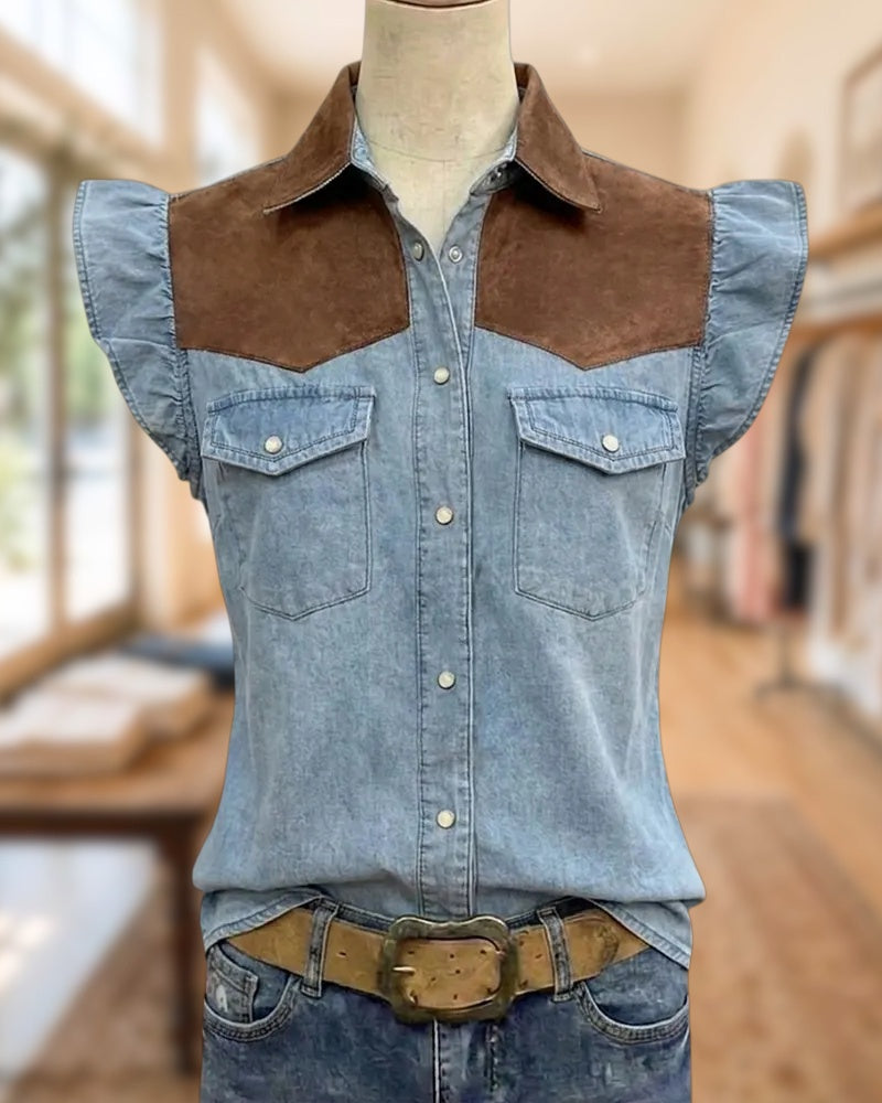 Contrast Yoke Flutter Sleeve Snap Button Flap Pocket Shirt