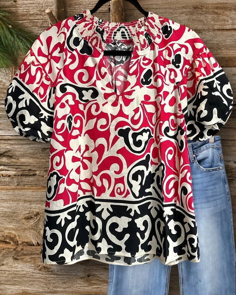 Floral Print Boho Puff Sleeve V Neck Blouse