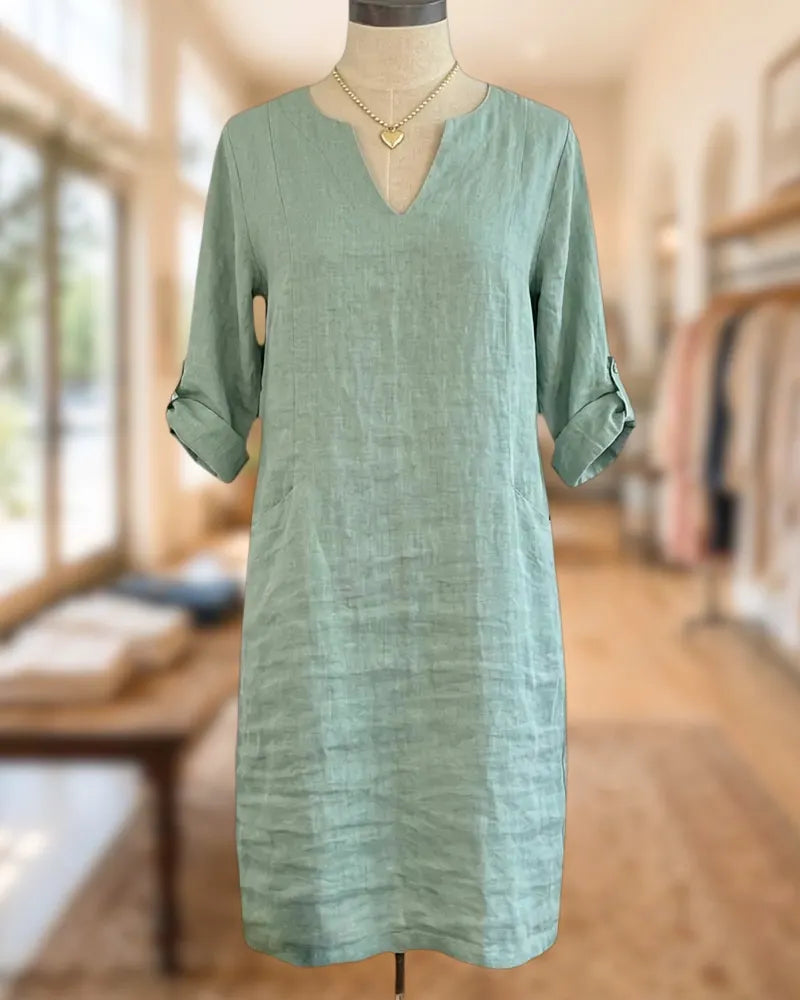 Solid Color Casual V Neck Roll-Tab Sleeve Relaxed Shift Midi Dress