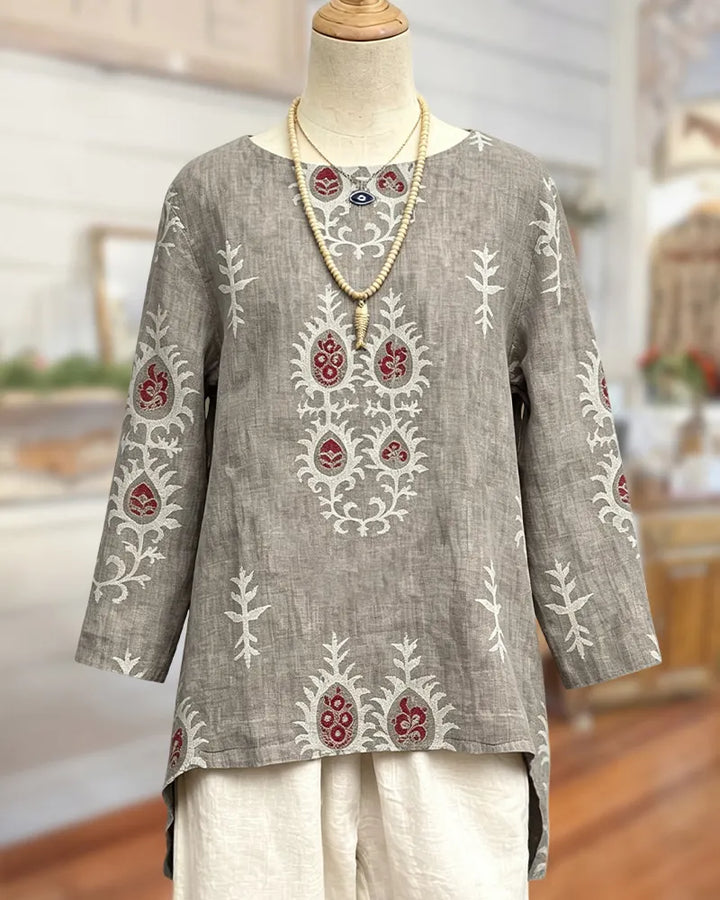 Loose Fit Ethnic Print High Low Hem 3/4 Sleeve Blouse