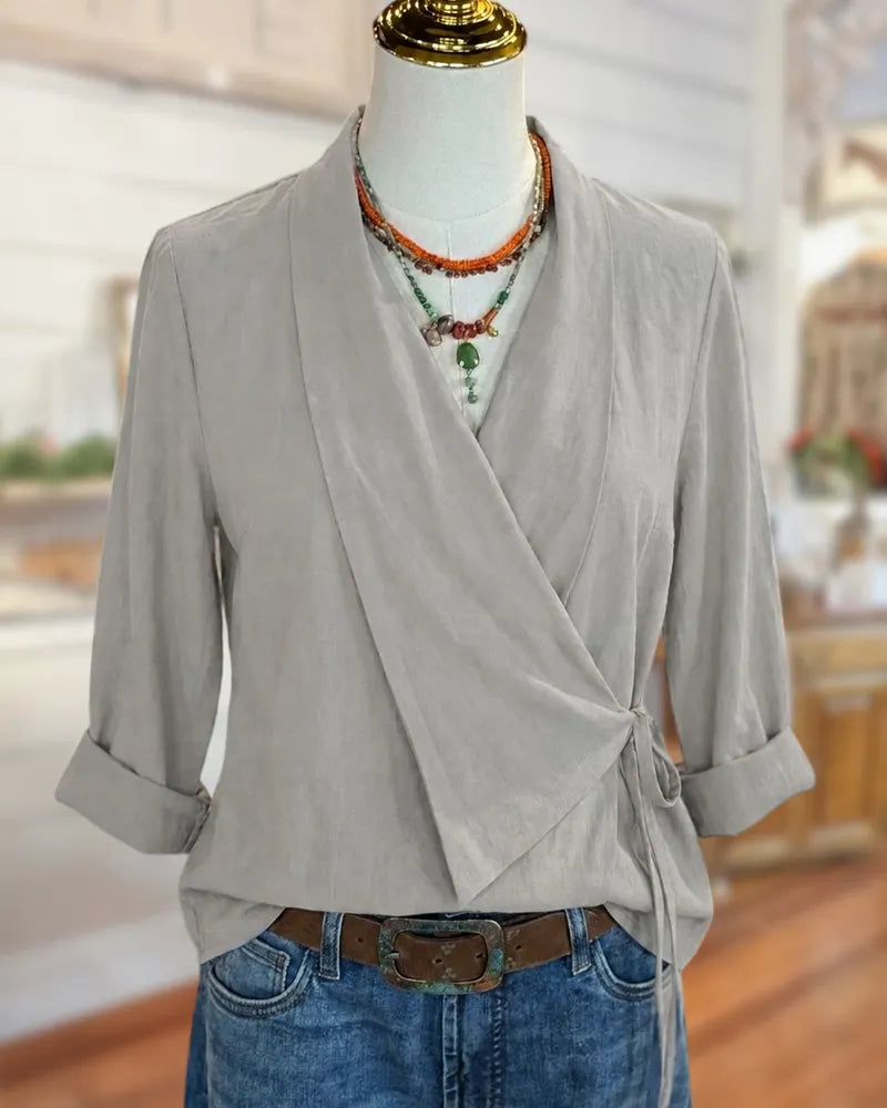 Wrap Front Side Tie Rolled Cuff Relaxed Casual Blouse