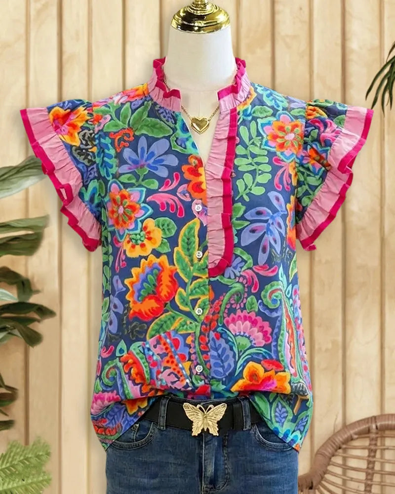 Paisley Print Glamorous Ruffle Sleeve Button Up Blouse