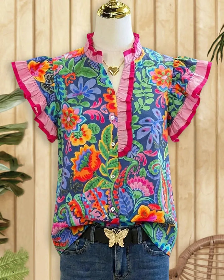 Paisley Print Glamorous Ruffle Sleeve Button Up Blouse