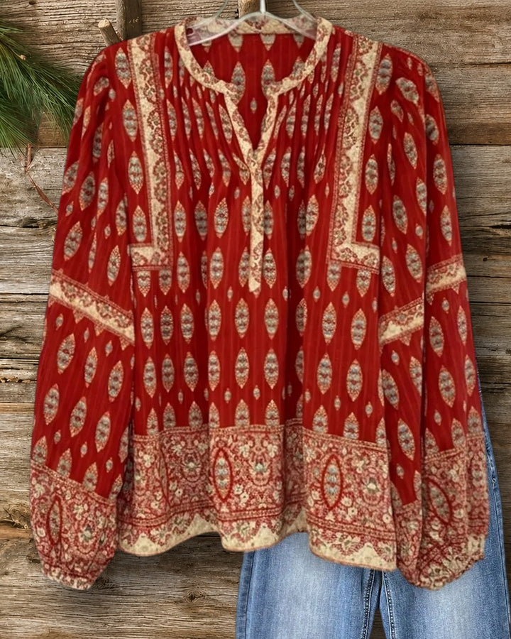 Printed Split Neck Shirred Bishop Sleeve Loose Casual Blouse