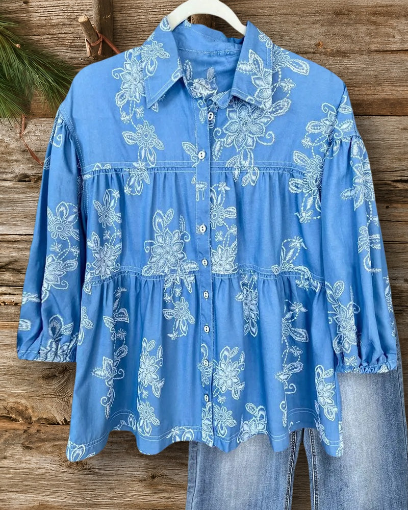 Floral Print Rocking Button Up Tiered Blouse