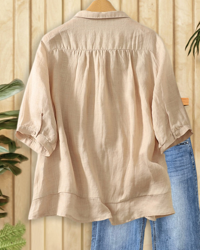 Collared Floral Embroidery Half Sleeve Button Front Loose Shirt