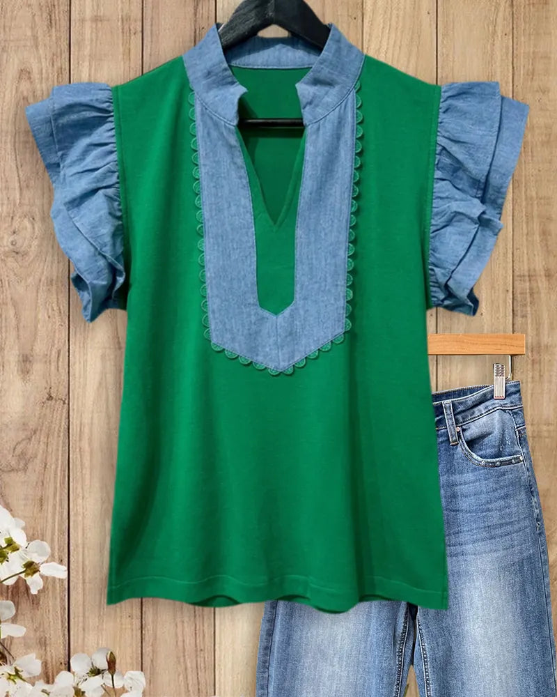 Denim Contrast Ruffle Sleeve Stand Collar V Neck Blouse