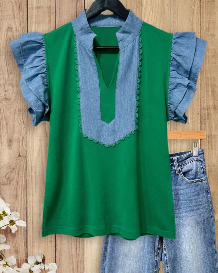 Denim Contrast Ruffle Sleeve Stand Collar V Neck Blouse
