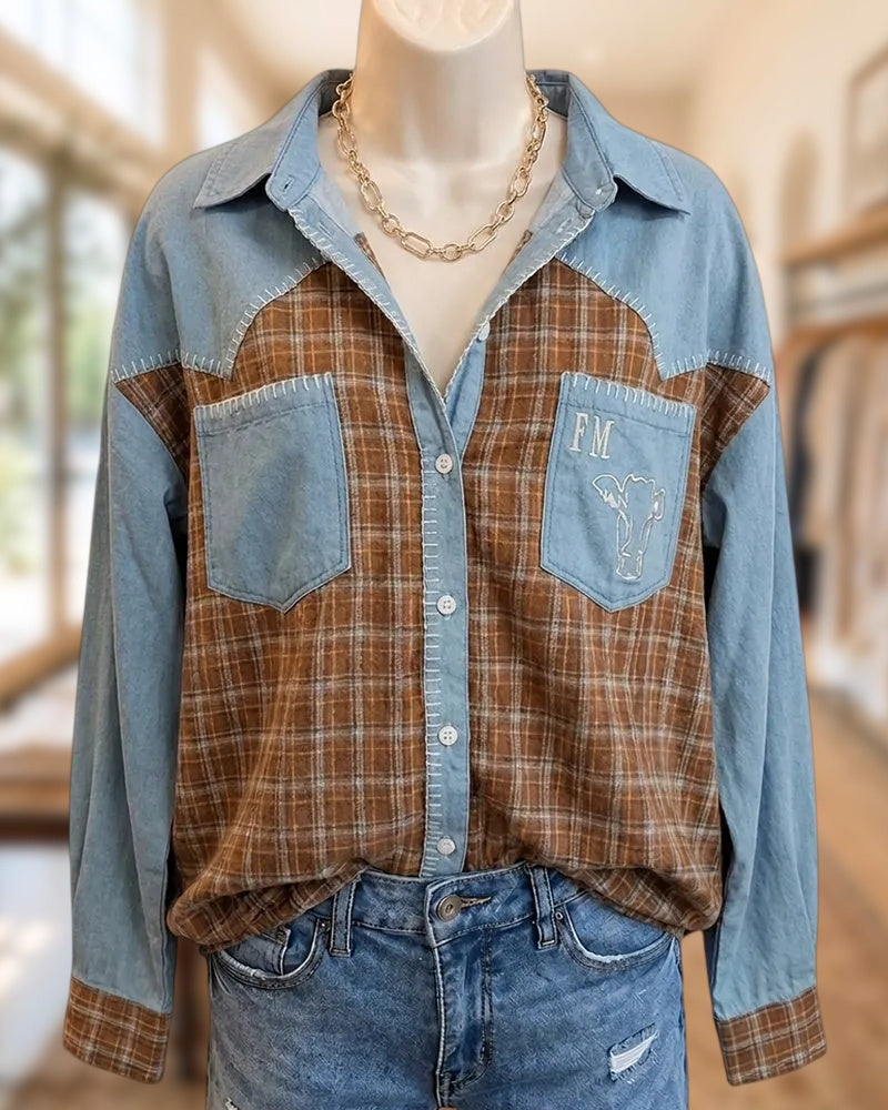 Plaid Contrast Panel Stitch Detail Embroidered Pocket Button Front Shirt