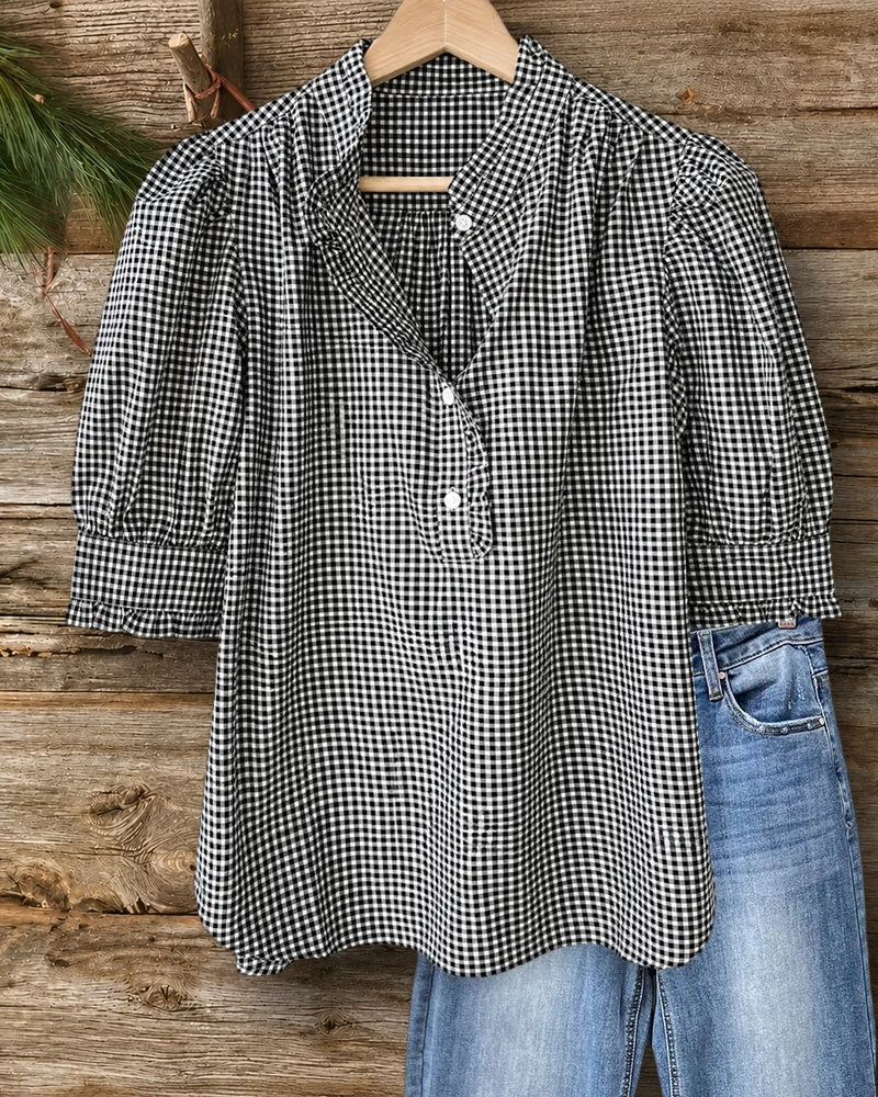 Gingham Puff Sleeve Partial Button Front Ruffle Trim Blouse