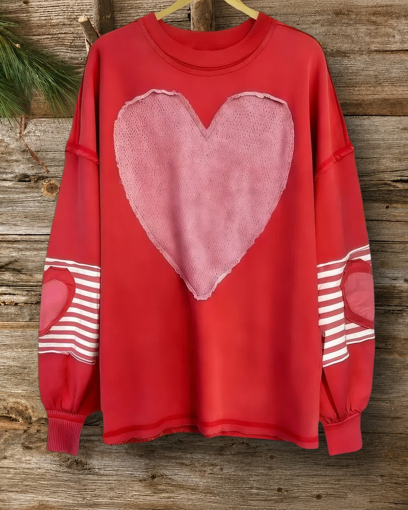 Heart Applique Round Neck Stylish Drop-Shoulder Sweatshirt