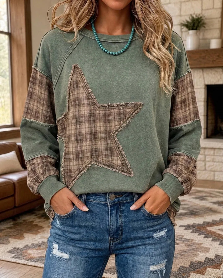 Plaid Patchwork Star Applique Raw Edge Long Sleeve Sweatshirt