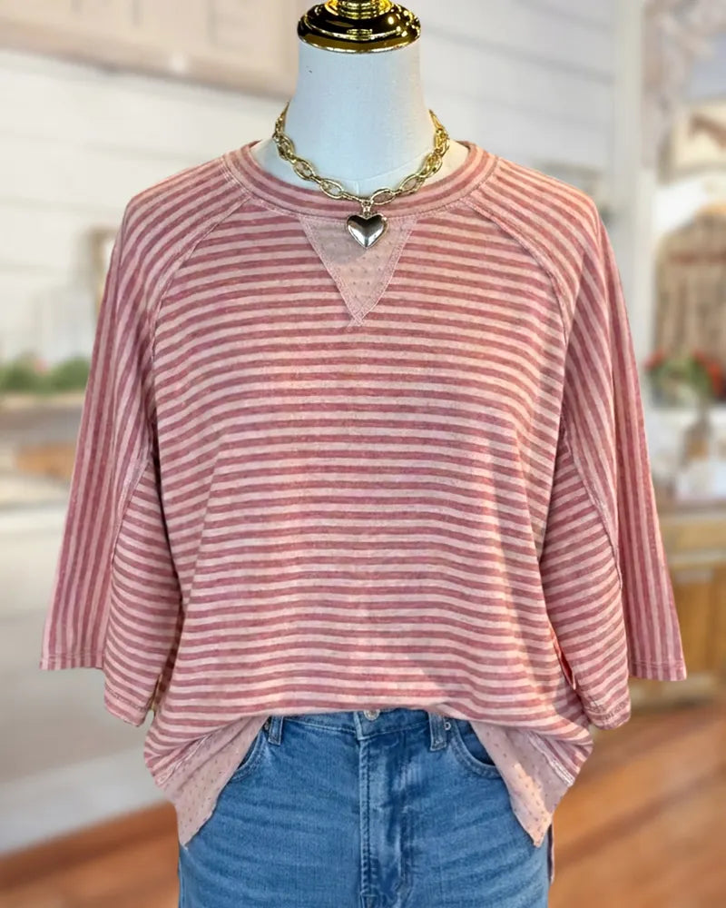 Striped Raglan Sleeve Crew Neck Loose Casual Everyday T-Shirt