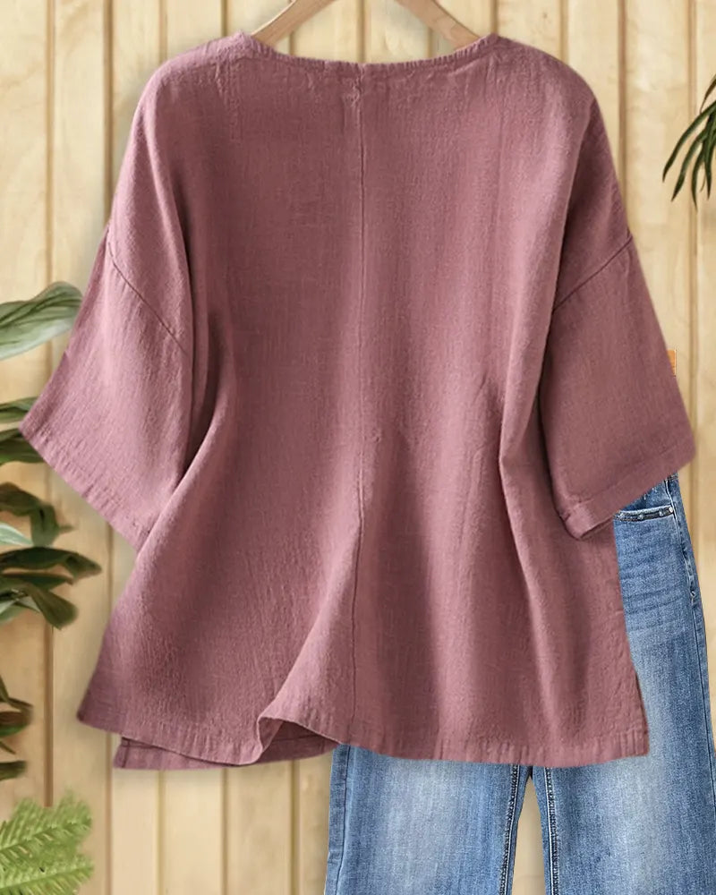 Drop Shoulder Side Slit Loose Casual Breathable Round Neck Blouse
