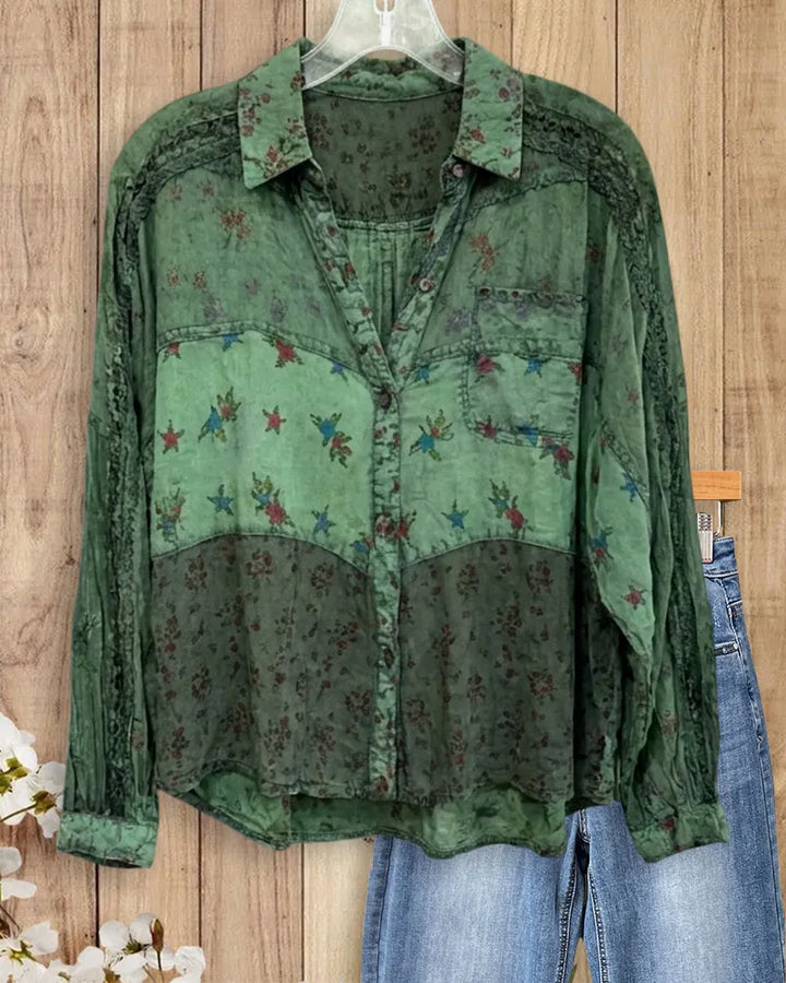 Patchwork Floral Print Lace Trim Button Down Chest Pocket Shirt