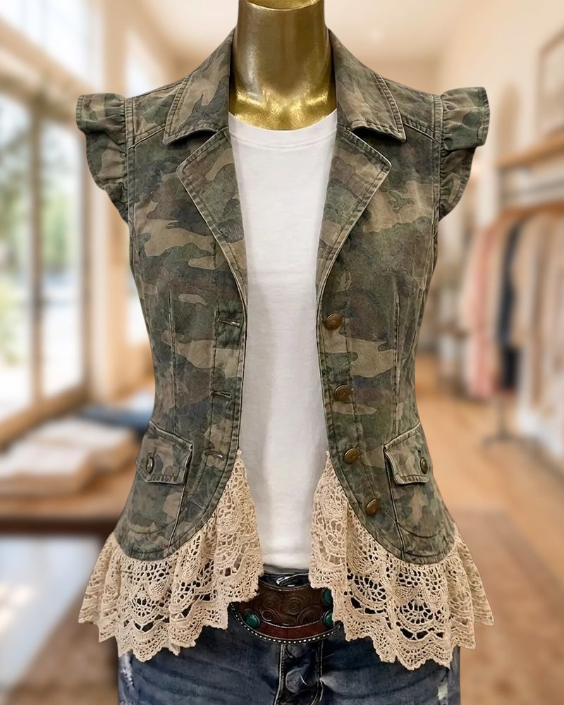 Notched Lapel Camo Print Lace Trim Button Front Flutter Sleeve Jacket