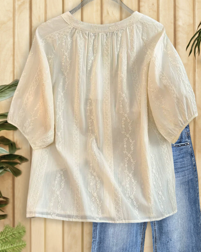 Embroidered Raglan Sleeve Button Front Round Neck Loose Fit Blouse