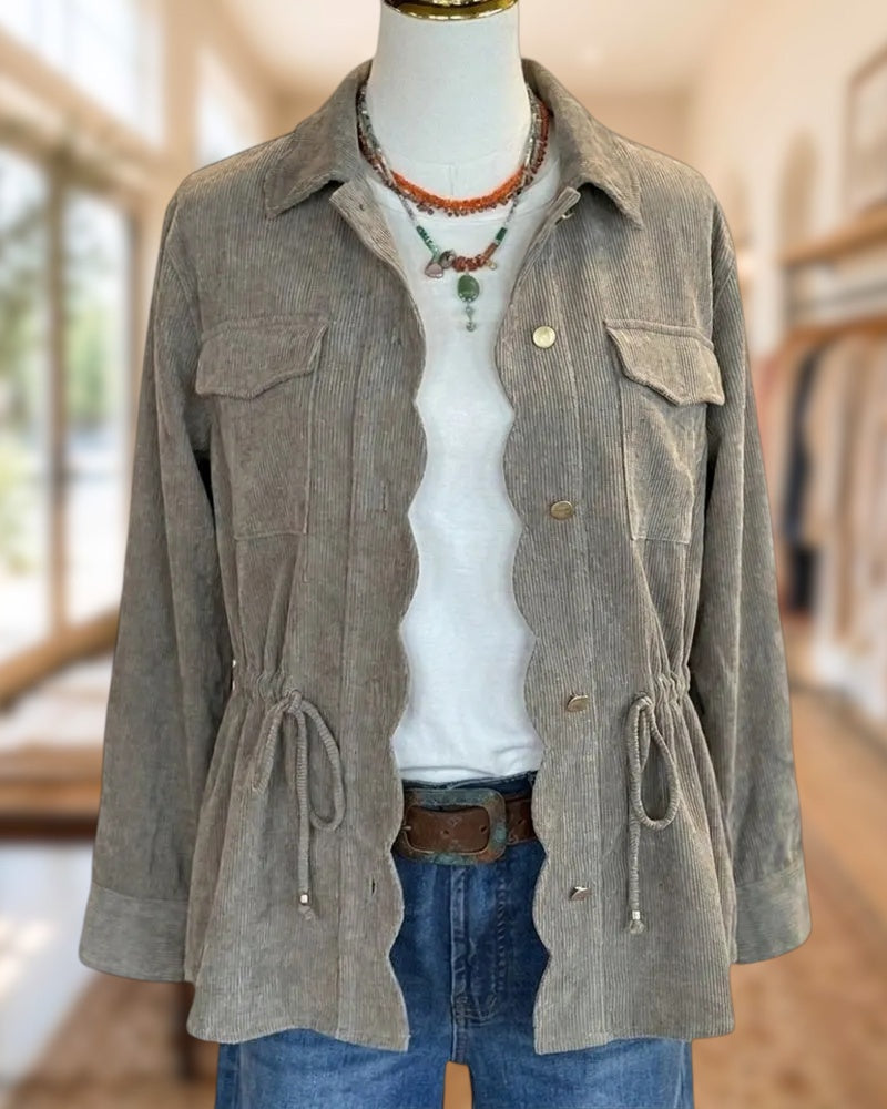 Scalloped Edge Drawstring Waist Flap Pocket Casual Corduroy Jacket
