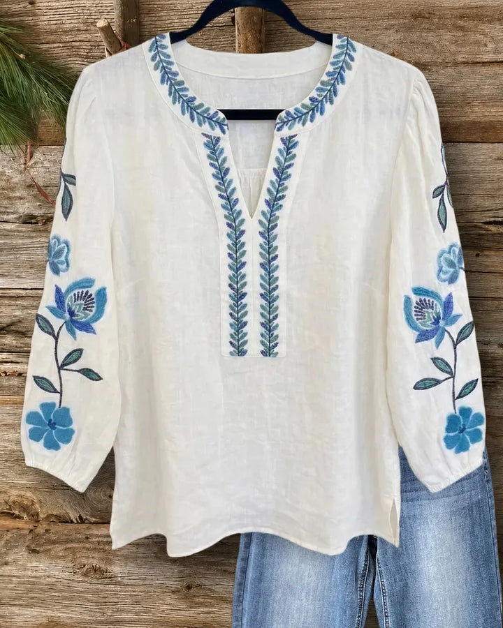 Floral Embroidered Split Neck 3/4 Sleeve Casual Loose Blouse