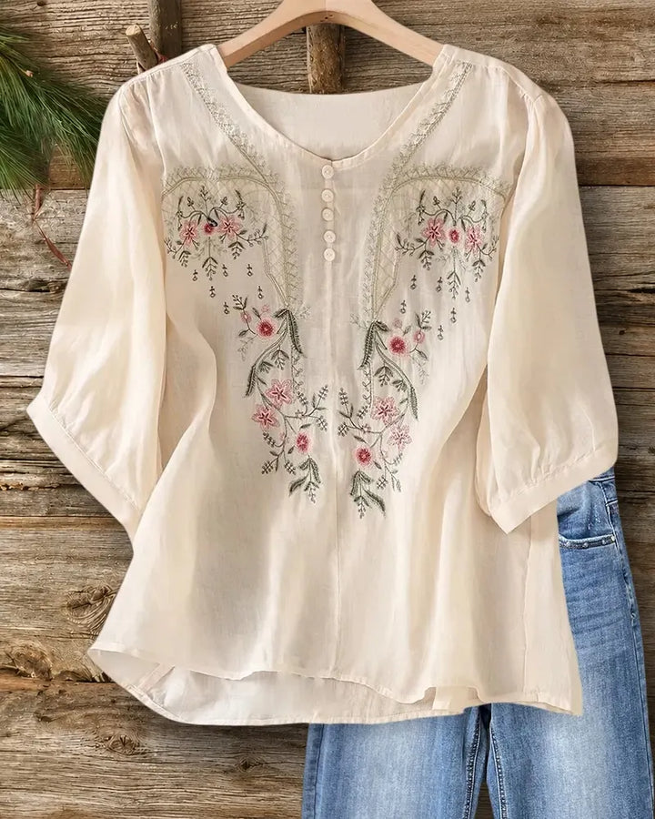 Floral Embroidered V-Neck Button Front Half Sleeve Loose Blouse