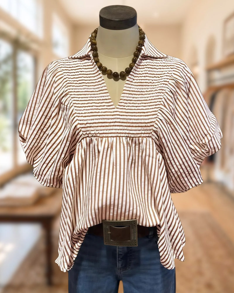 Striped Smocked Puff Sleeve Floaty Blouse