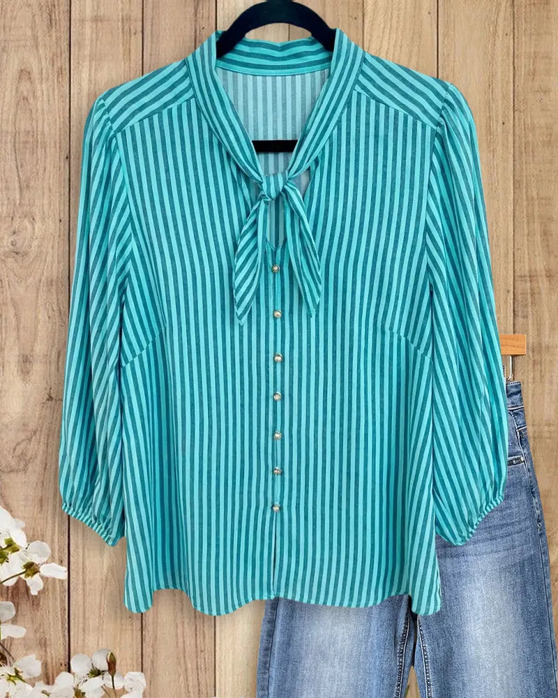 Tie Neck Striped Button Front 3/4 Sleeve Casual Blouse