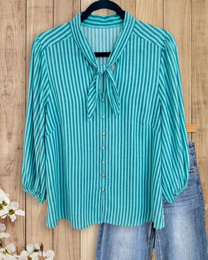 Tie Neck Striped Button Front 3/4 Sleeve Casual Blouse