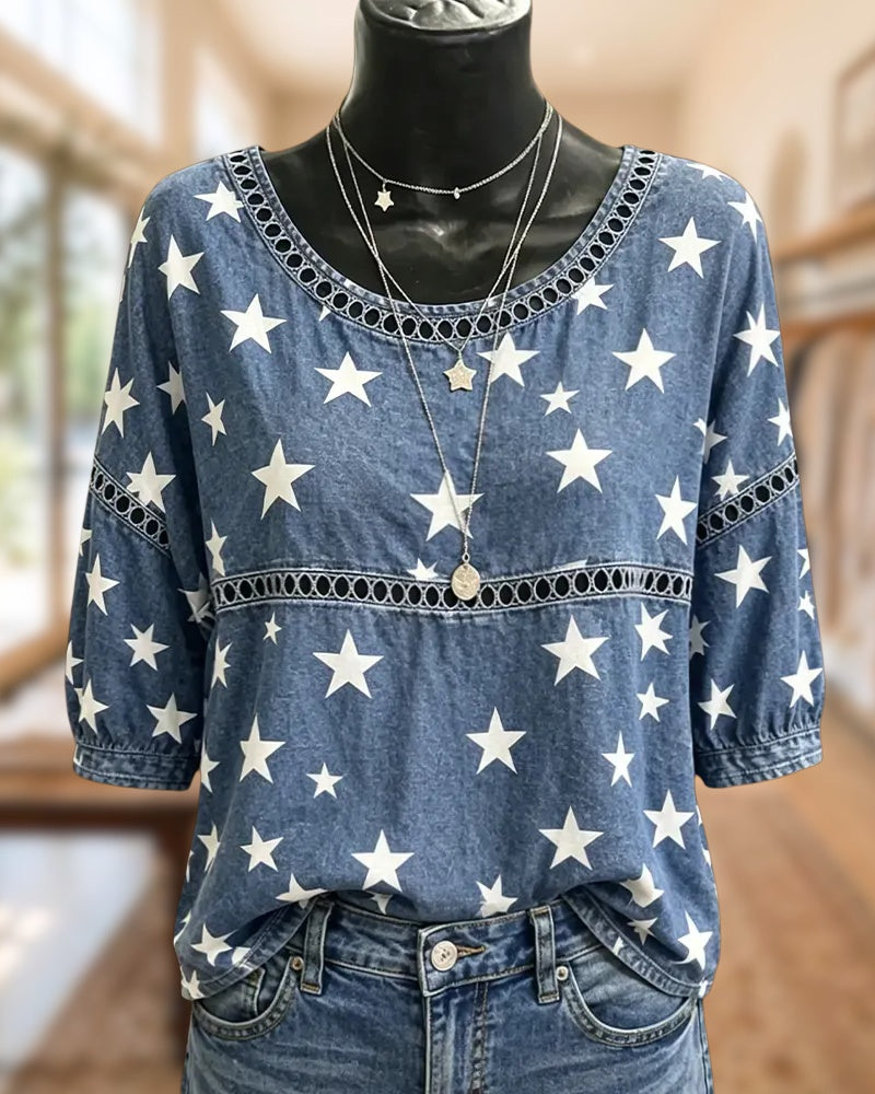 Star Print Cutout Trim Loose Fit Half Sleeve Blouse