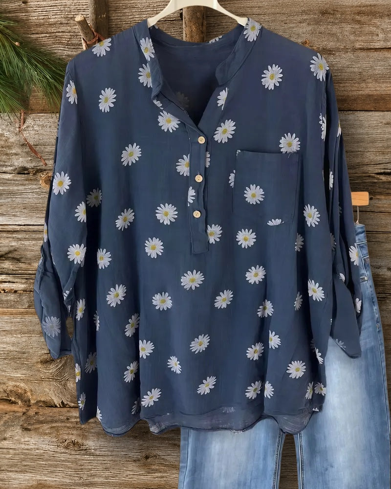 Daisy Print V Neck Casual Wear Blouse