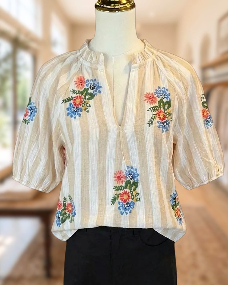 Striped Floral Embroidered Puff Sleeve Ruffled V Neck Loose Blouse