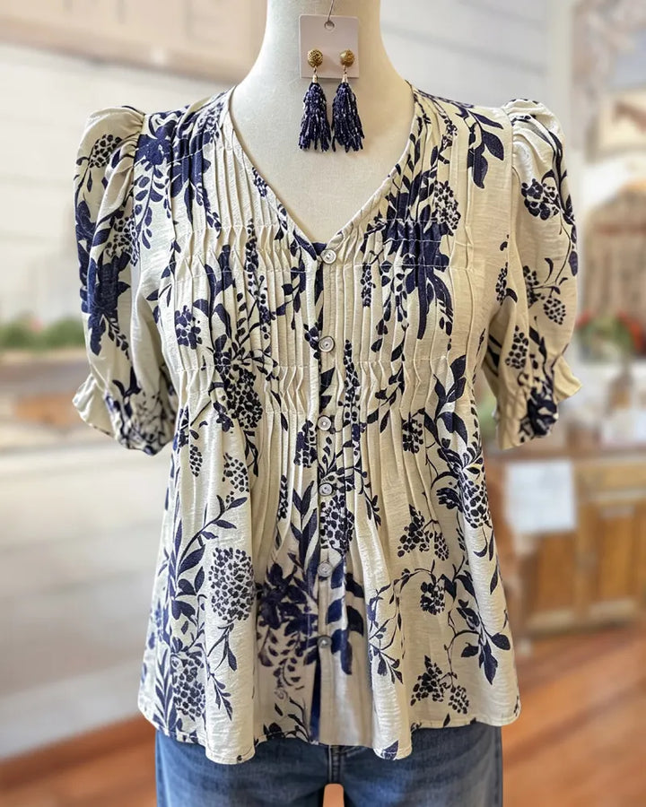 V Neck Shirred Bodice Puff Sleeve Button Front Elegant Blouse