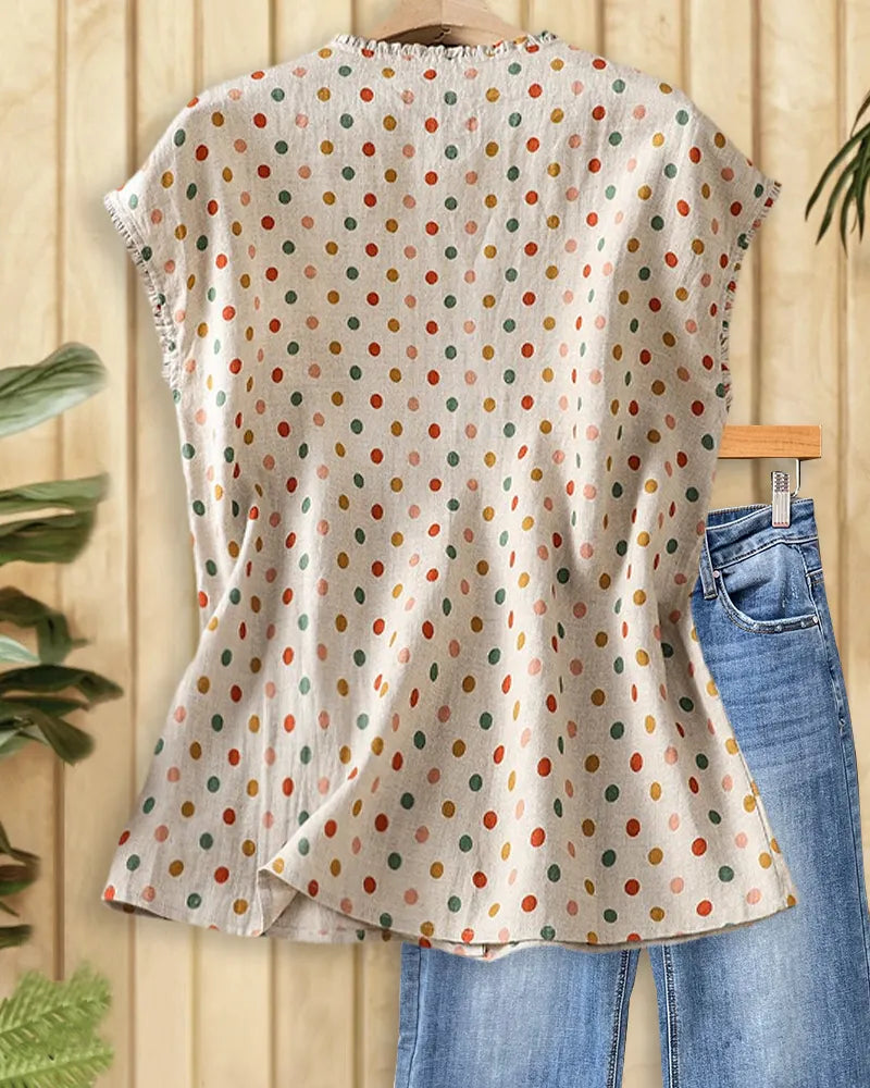 Polka Dot Ruffle Trim Button Front Cap Sleeve Blouse