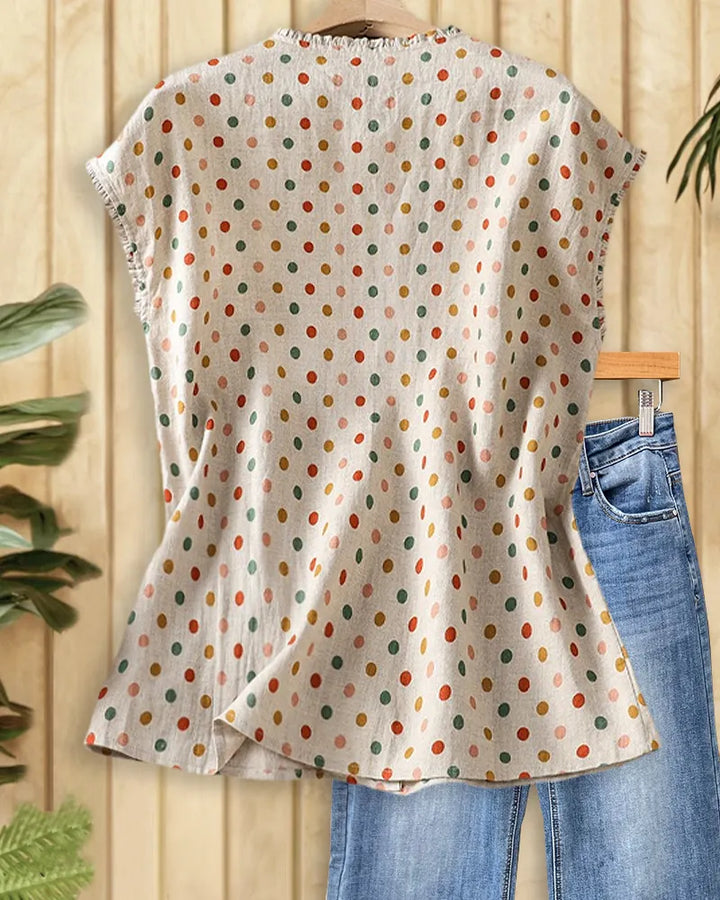 Polka Dot Ruffle Trim Button Front Cap Sleeve Blouse