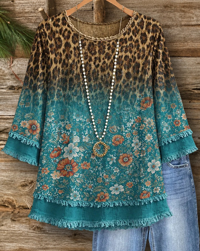 Gradient Frayed Trim 3/4 Sleeve Blouse