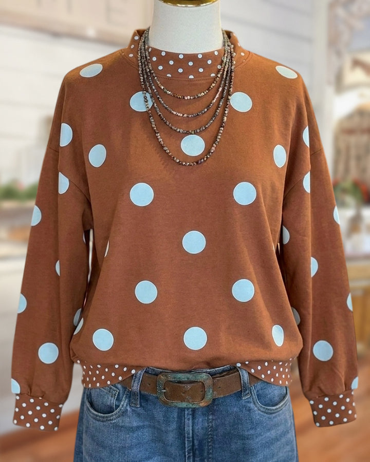 Polka Dot Print Mock Neck Long Sleeve Casual Sweatshirt