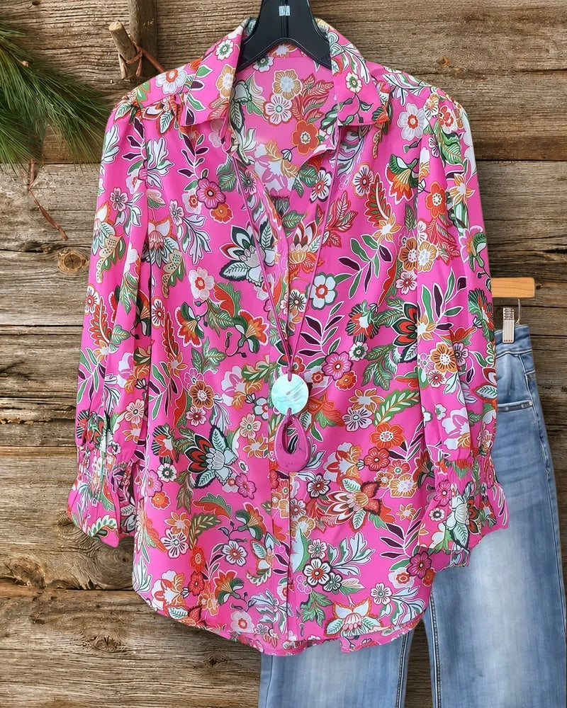 Floral Print Classic Shirt Collar Button Blouse