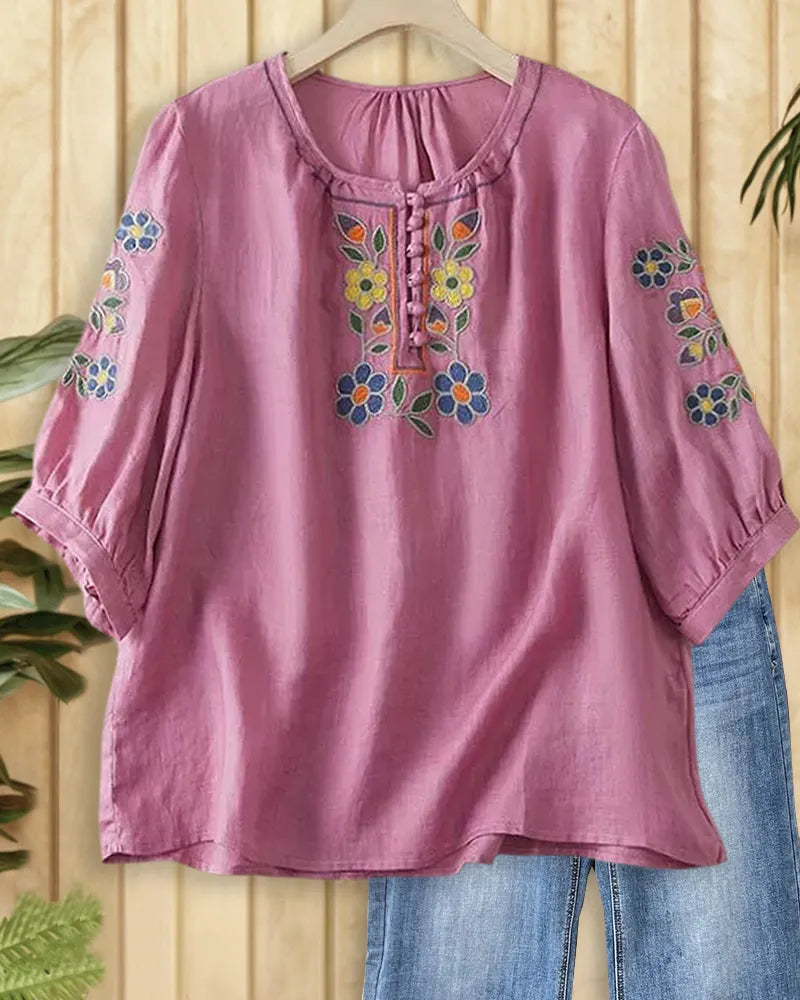 Embroidered Puff Sleeve Ruffled Neck Button Placket Blouse