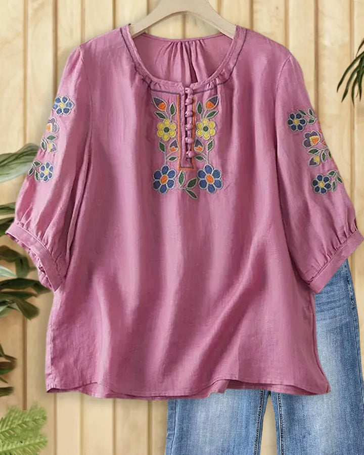 Embroidered Puff Sleeve Ruffled Neck Button Placket Blouse