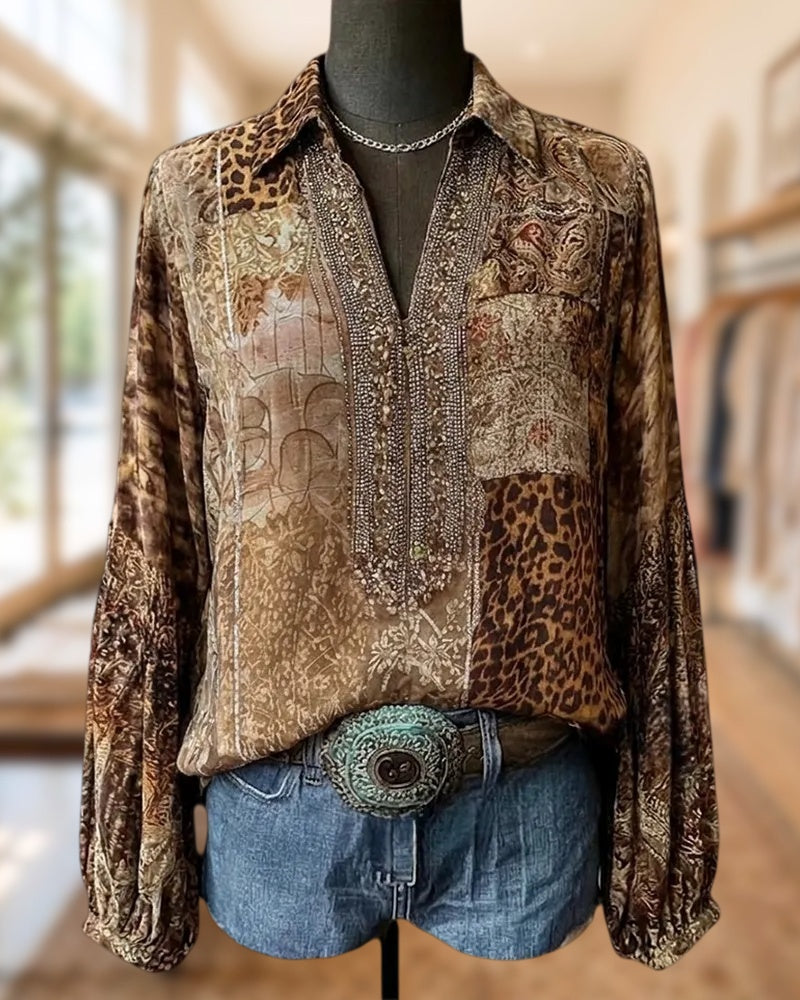 Mixed Print Lantern Sleeve Boho Blouse