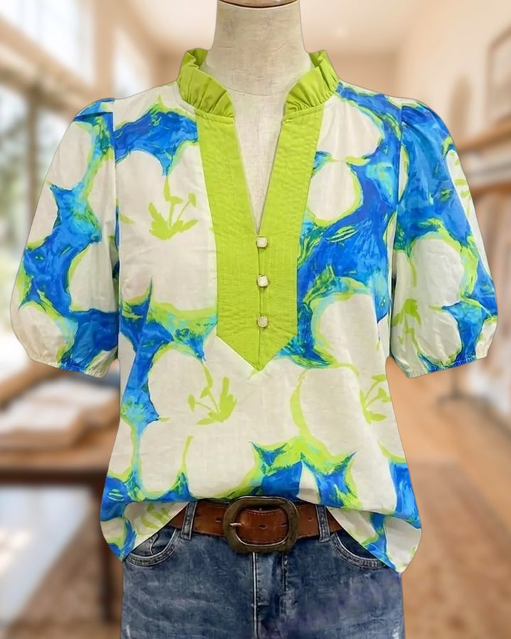Ruffled Neck Puff Sleeve Floral Print Button Front Blouse