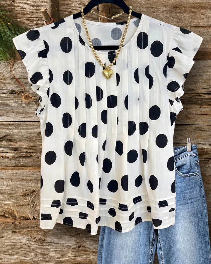 Polka Dot Ruffle Sleeve Pleated Tiered Hem Blouse