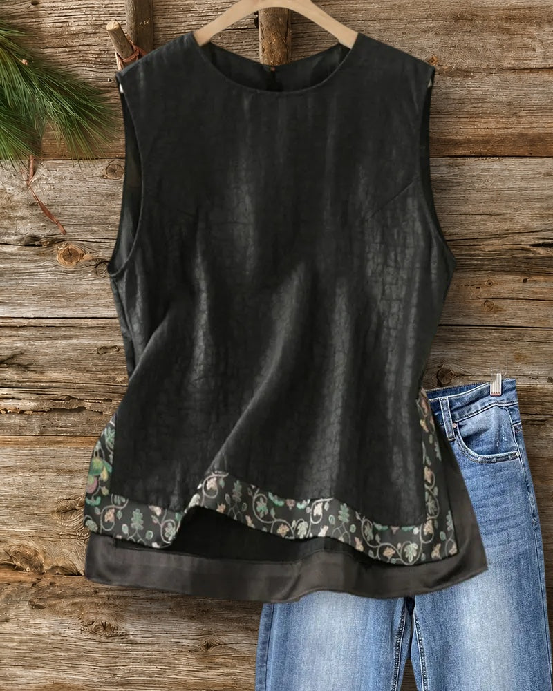 Sleeveless Round Neck Floral Trim Layered Hem Casual Top