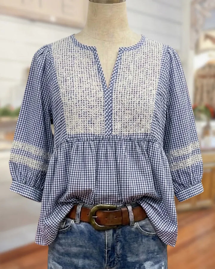 Embroidered Gingham V Neck Gathered 3/4 Sleeve Casual Blouse
