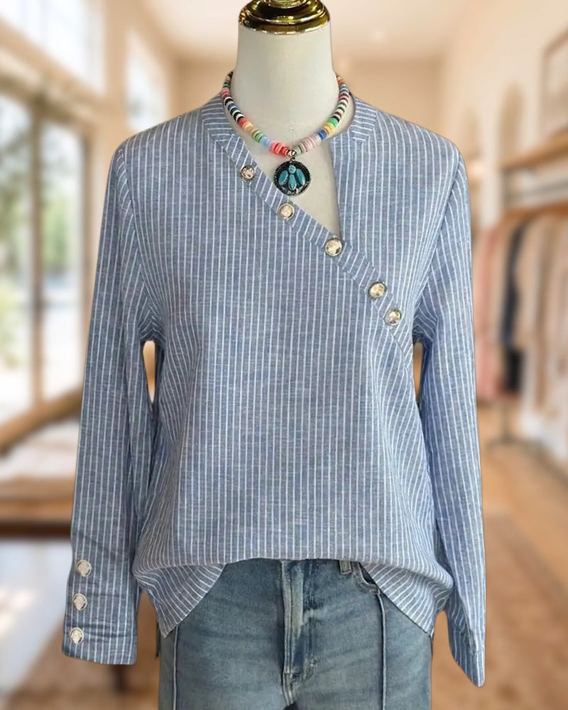 Striped Irregular Neck Long Sleeve Modern Blouse