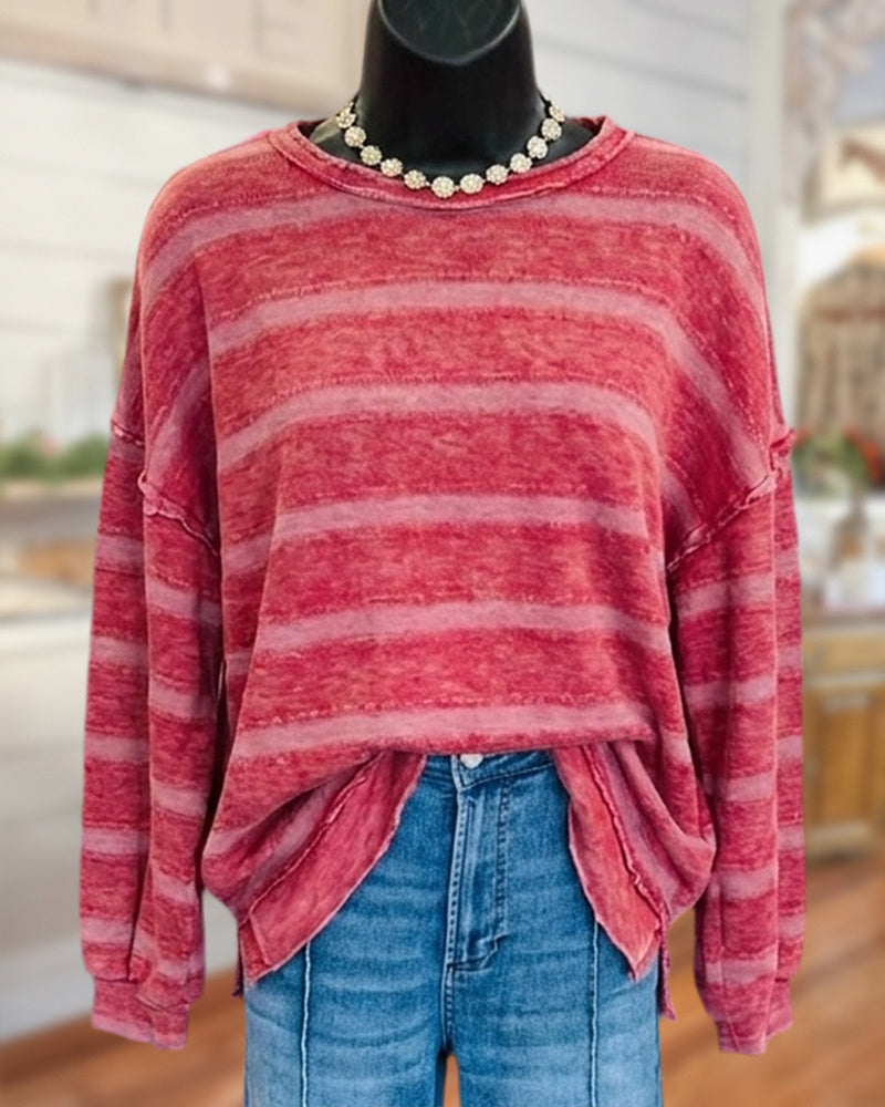 Striped Frayed Seam Side Slit Long Sleeve Knit Top