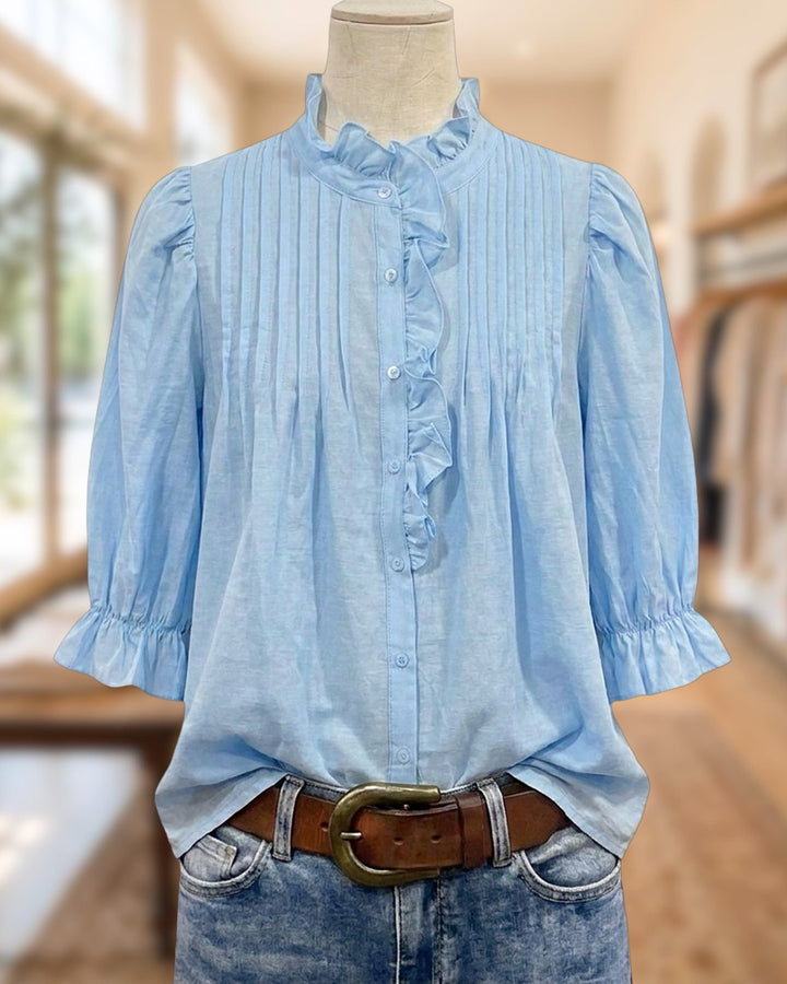 Ruffled Stand Collar Puff Sleeve Pintuck Button Front Blouse