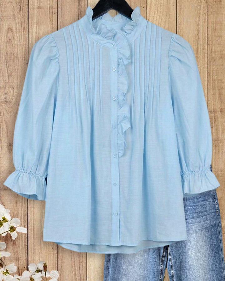Ruffled Stand Collar Puff Sleeve Pintuck Button Front Blouse