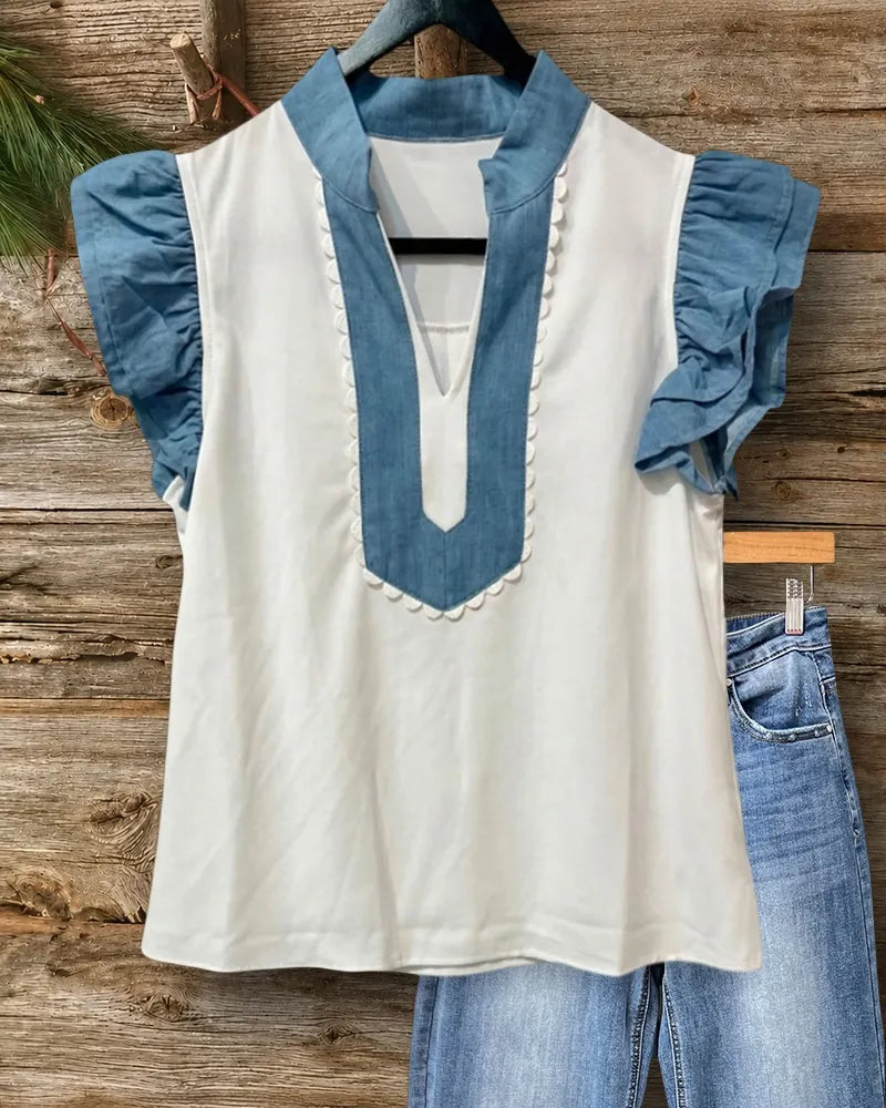 Denim Contrast Ruffle Sleeve Stand Collar V Neck Blouse