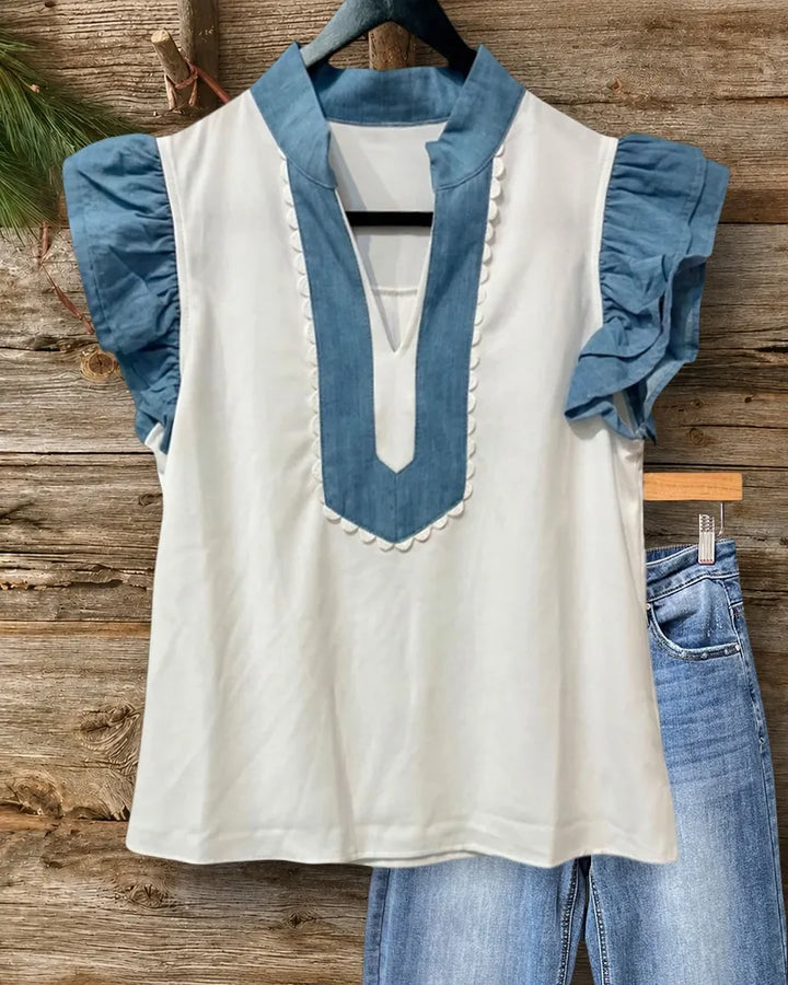 Denim Contrast Ruffle Sleeve Stand Collar V Neck Blouse